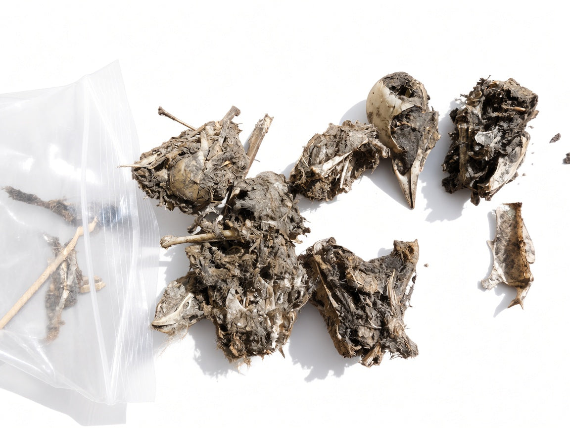 Mini bag of barn owl pellet material with visible bird bones