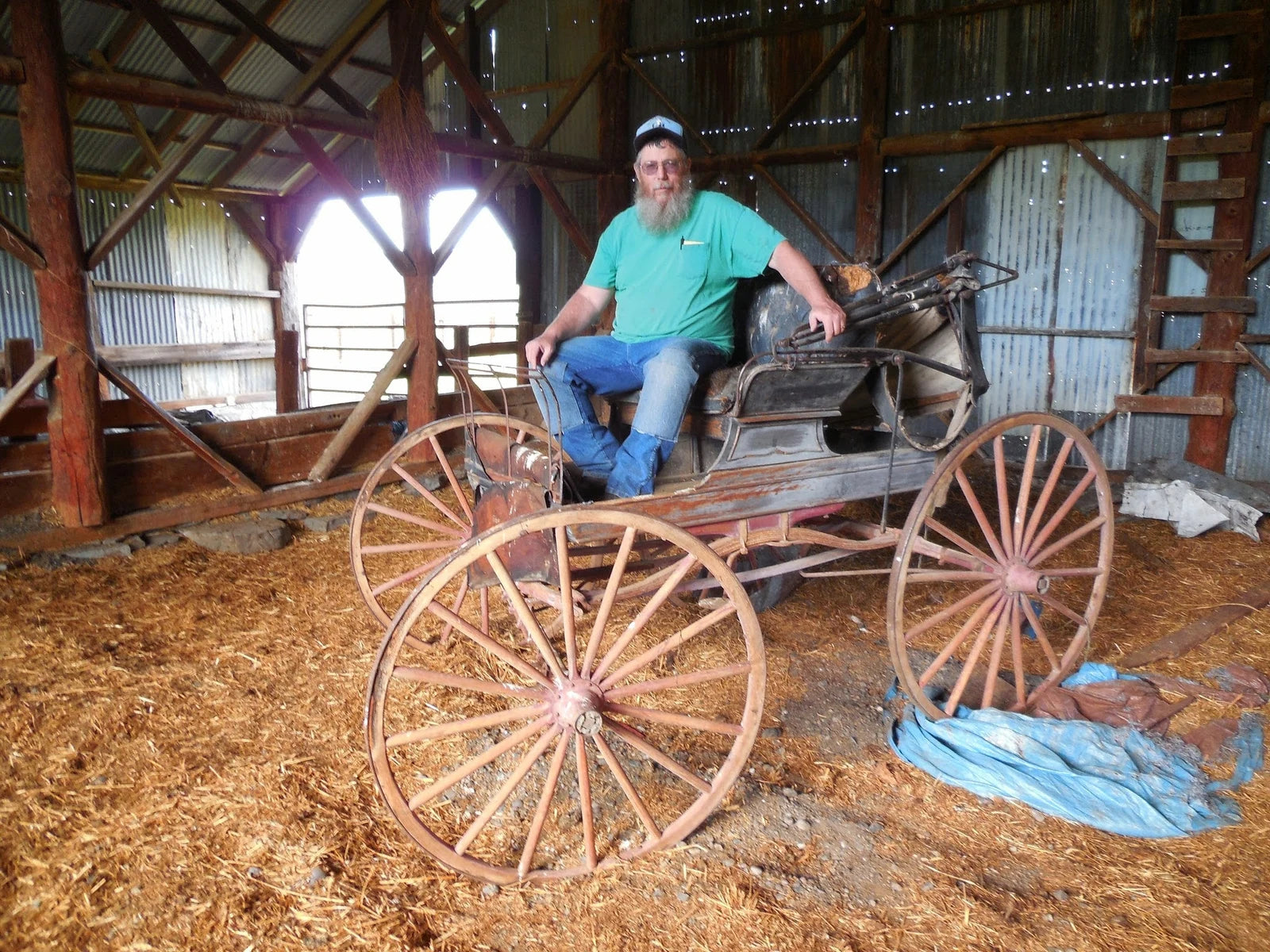 Brian Andersen seated in an antique buggy inside the family barn